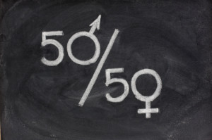 fifty percent - concept of gender equal opportunity or representation in political and public life sketched with white chalk on blackboard